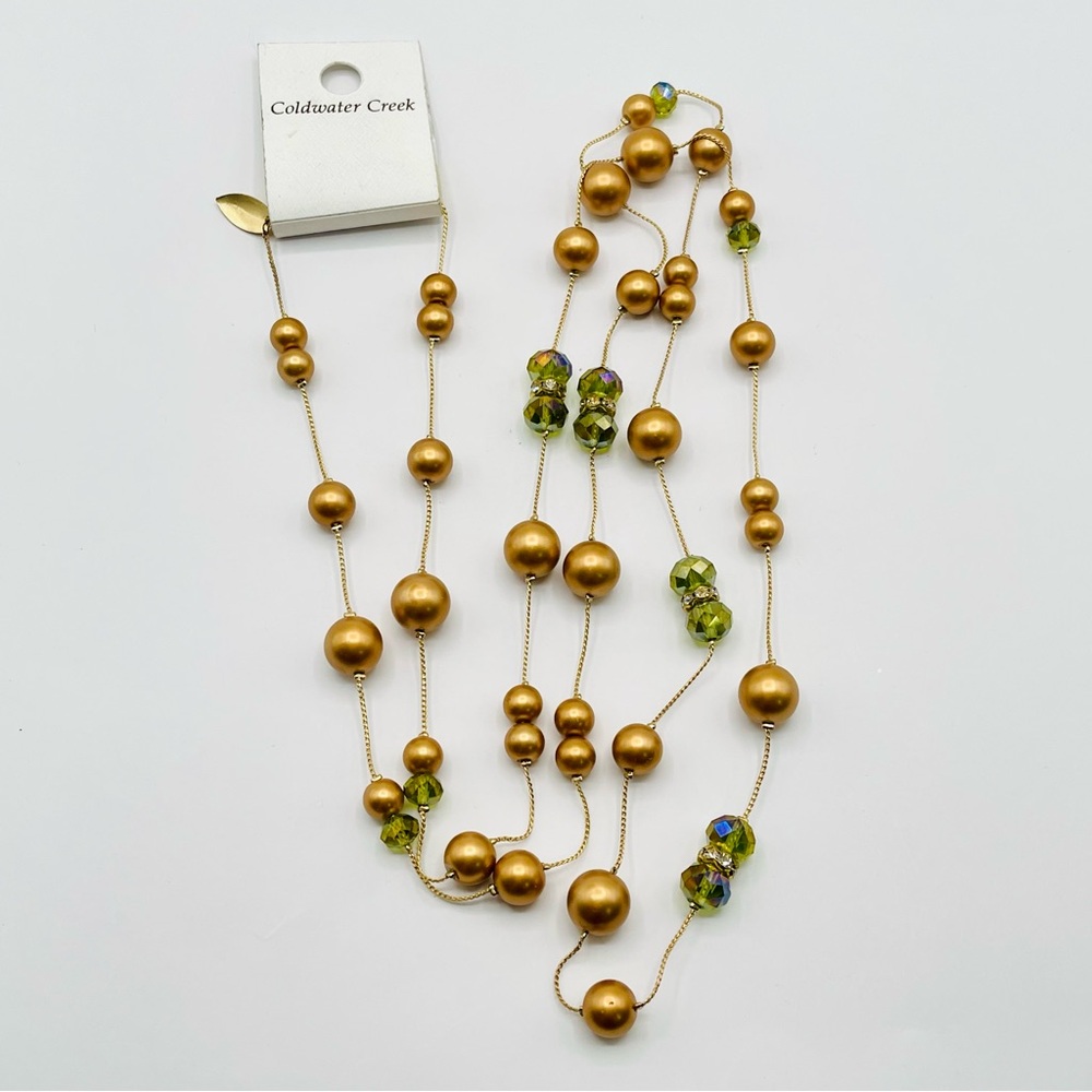 NWT Coldwater Creek Gold Pearl and Green Aurora Borealis Long Necklace